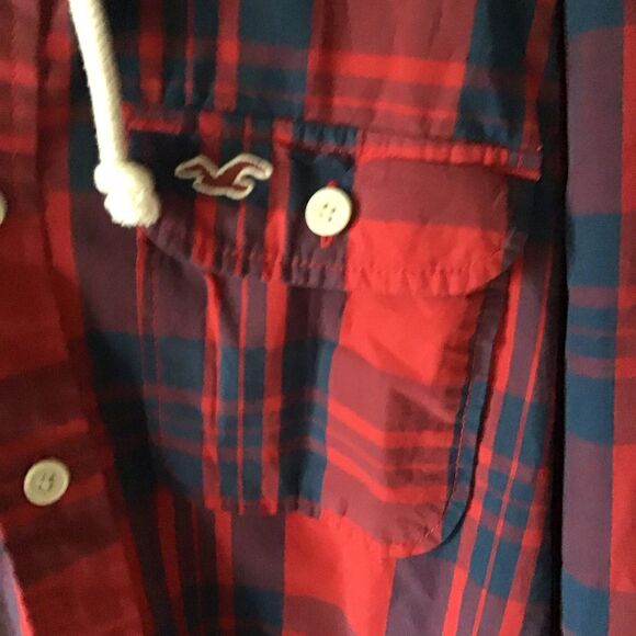 Hollister Mens Hooded Plaid Red Blue Button Down Long Sleeve Flannel Size XL - Picture 2 of 5